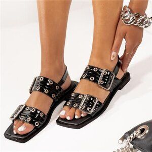 NEW - Women'S Square Head Open Toe Wide‎ Buckles Slingback Block Heels Summer